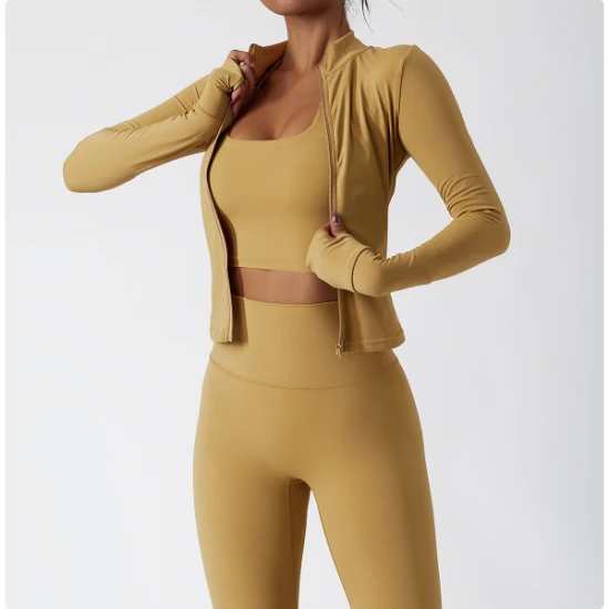 Wholesale Custom Tracksuits 2/3 Pieces Fitness Yoga Set Women Solid Color Running Gym Suit Long Sleeve Jacket Sexy Bra High Waist Leggings Workout Sports Wear