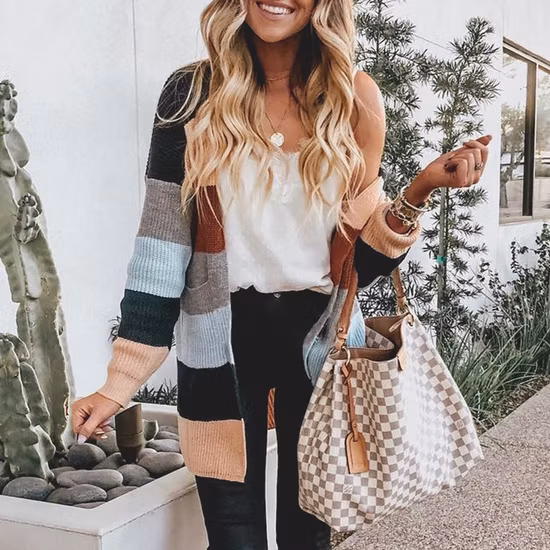 New Arrivals Fall Loose Casual Knitwear Size Woman′s Clothing Women′s Mixed Color Patchwork Knitted Striped Cardigan Long Coat
